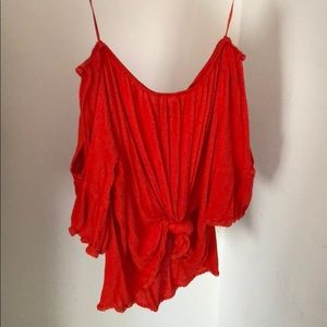 Strapless/Cold Shoulder Red Gauze Top